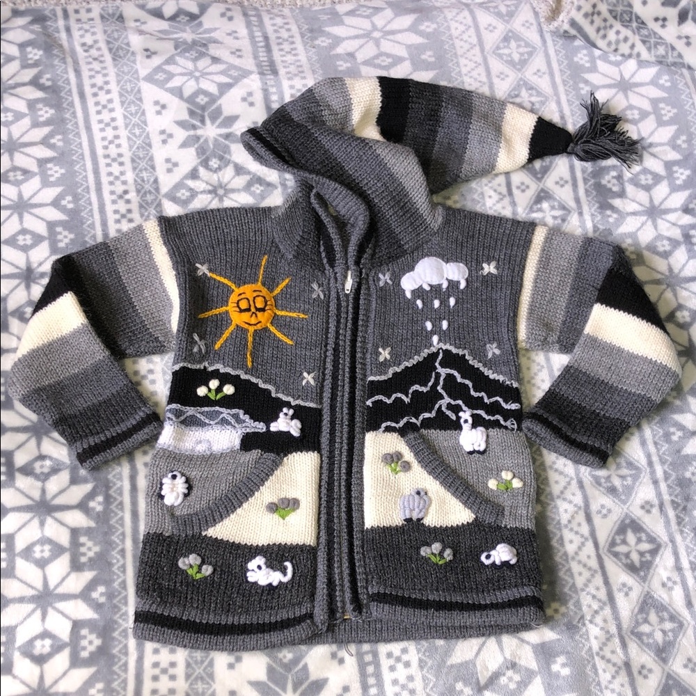 Peruvian Gray Striped Hooded Zip hooded Sweater with Sun & Mountain Appliqués